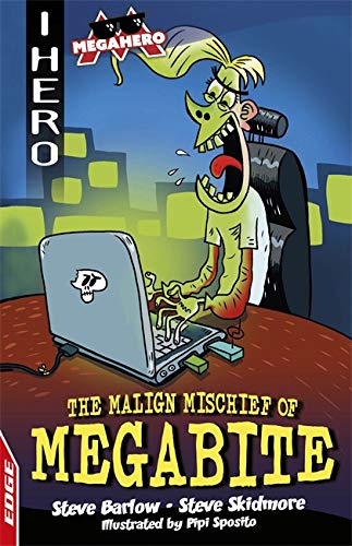 Cartoon book cover featuring a green villain typing on a laptop.