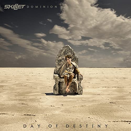 Person on a stone throne in a cracked, desolate landscape.