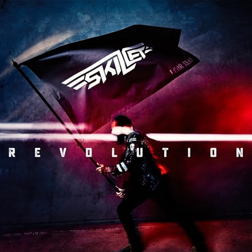 Skillet album cover: person holding a black flag with white text.