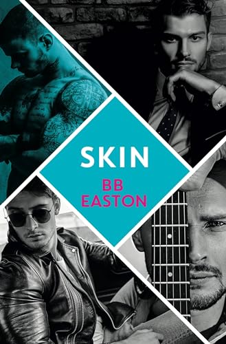 Book cover with four portraits of men and bold text “SKIN”.