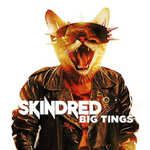 Cat with spiked collar and goggles, album cover for Skindred’s “Big Tings.”