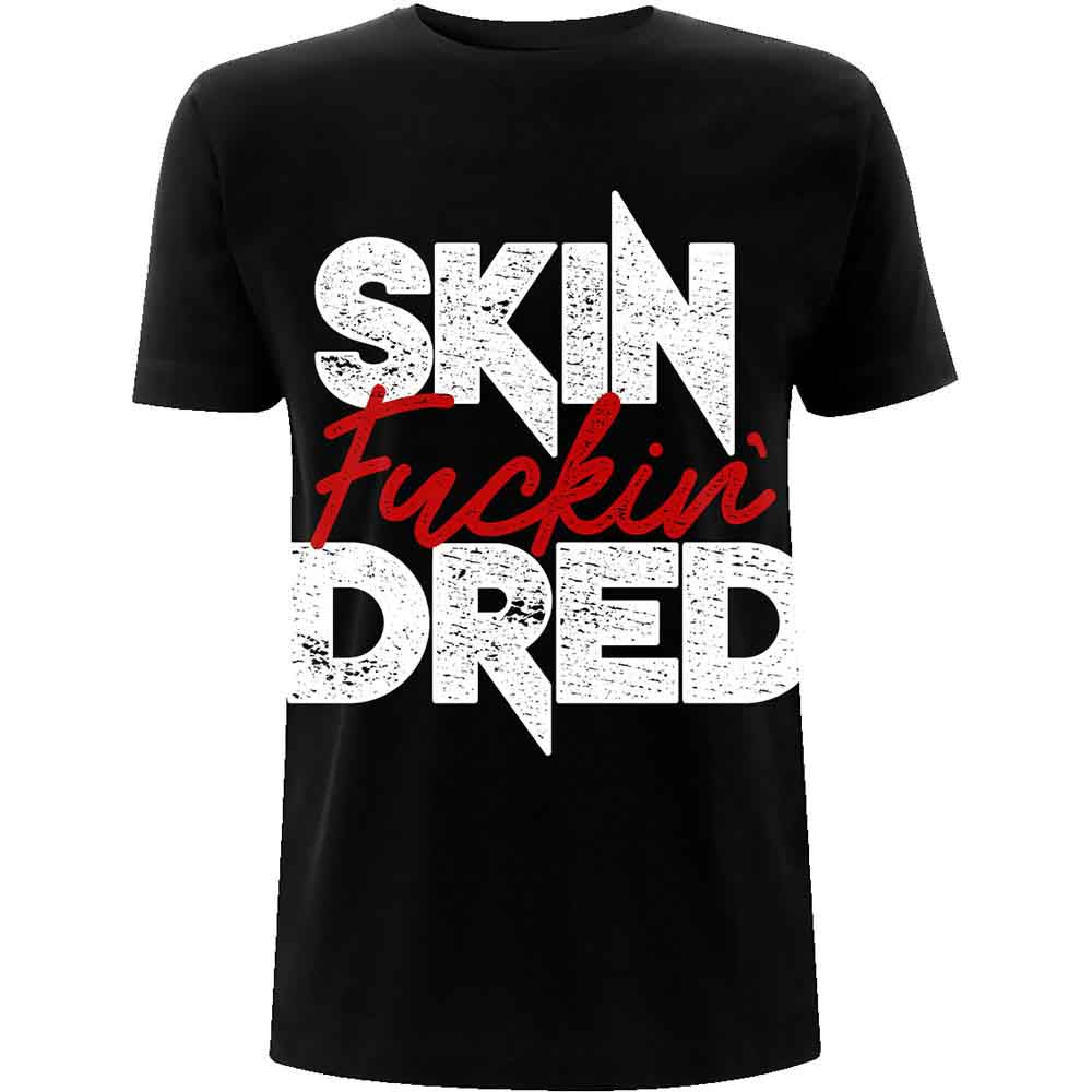 Black t-shirt with distressed white text reading SKIN DRED and red script text.