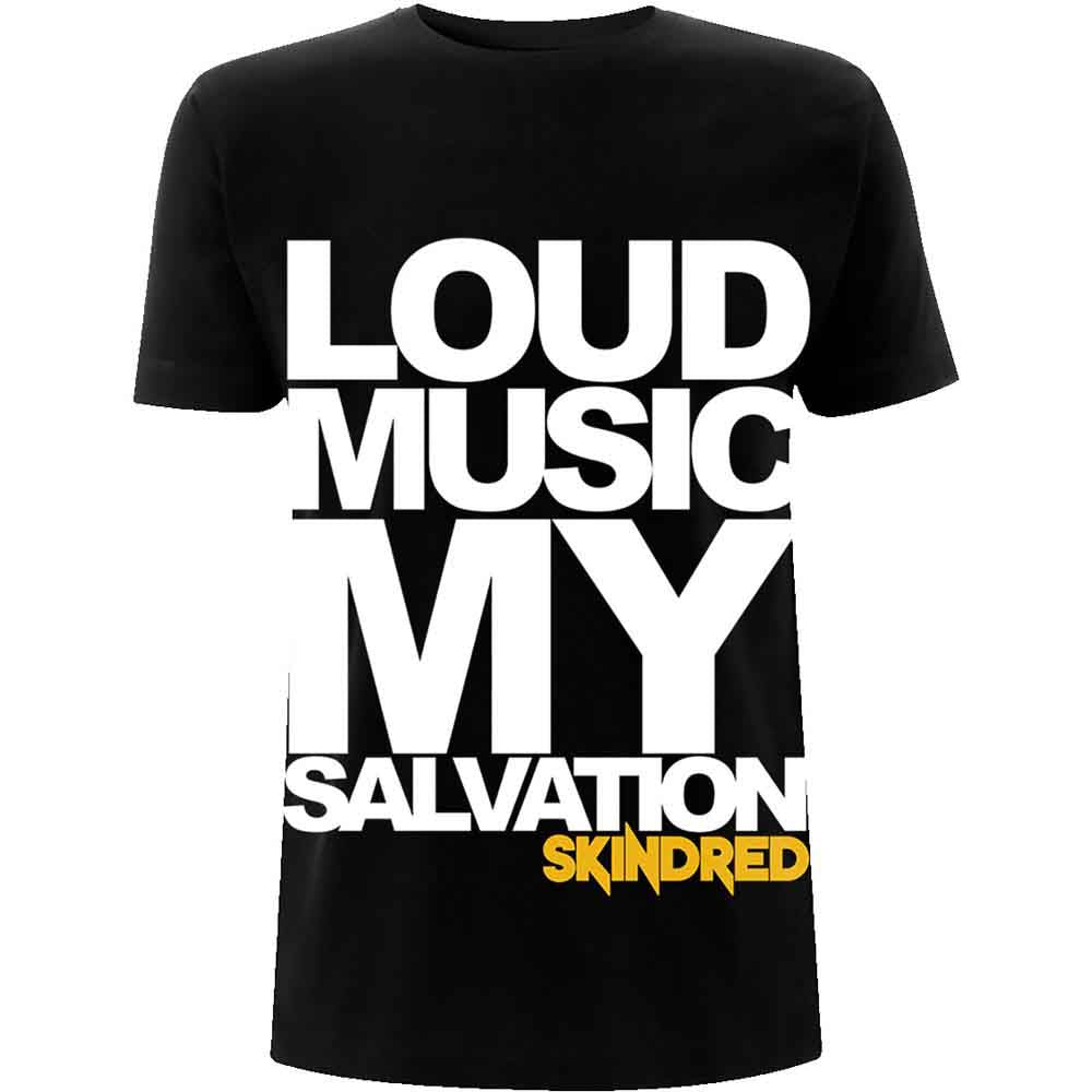 Black t-shirt with white and yellow “Loud Music My Salvation” text.