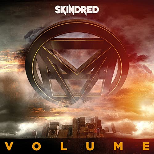 Skindred "Volume" CD cover: abstract design with city skyline and logo.