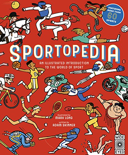 "Red book cover featuring cartoon athletes and title 'Sportopedia' in large white letters."