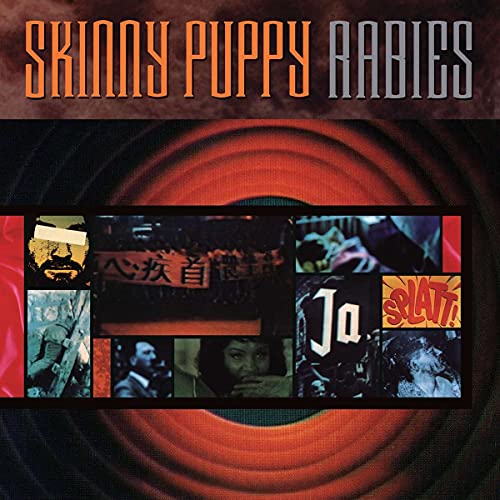 Album cover for Skinny Puppy's Rabies featuring a collage of dark images on red rings.