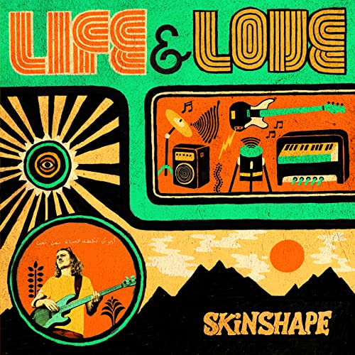Album cover art featuring a musician playing bass, musical equipment, and stylized mountain landscape.