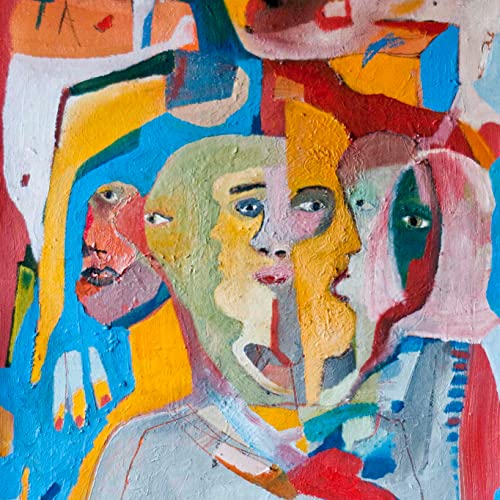 Abstract painting of multiple fragmented faces in bright colors.
