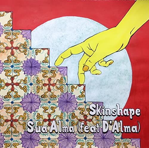 Record cover with hand reaching towards patterned stairs and a moon.