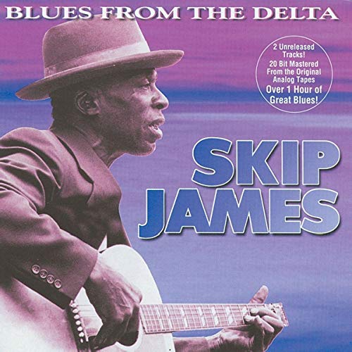 Skip James wearing a hat and playing an acoustic guitar against a purple background.