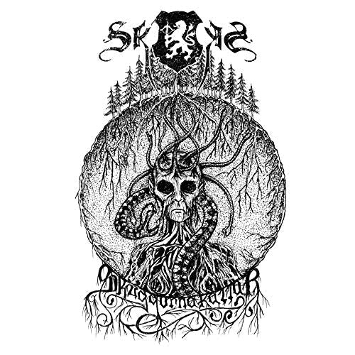 Black and white illustration of a skull entwined with roots and branches.
