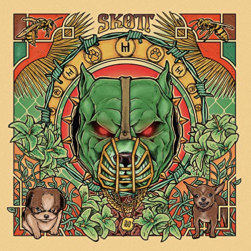 A vinyl record cover featuring a green dog-like creature surrounded by foliage and two small dogs.