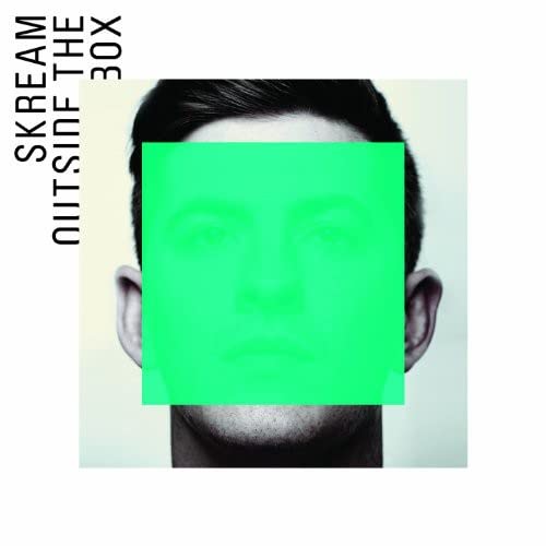 CD cover for Skream’s “Outside The Box” featuring a face with a green square.