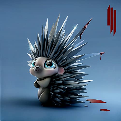 Cartoon hedgehog with metallic spikes and red droplets, Skrillex album art.