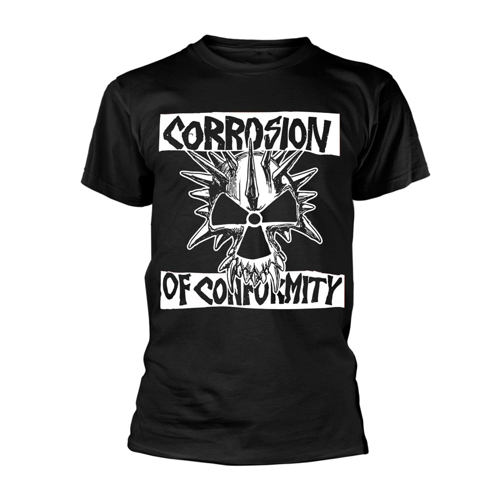 Black t-shirt with white skull and text graphic print.