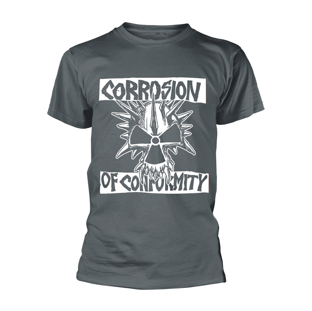 Grey t-shirt with a white skull and band logo print.