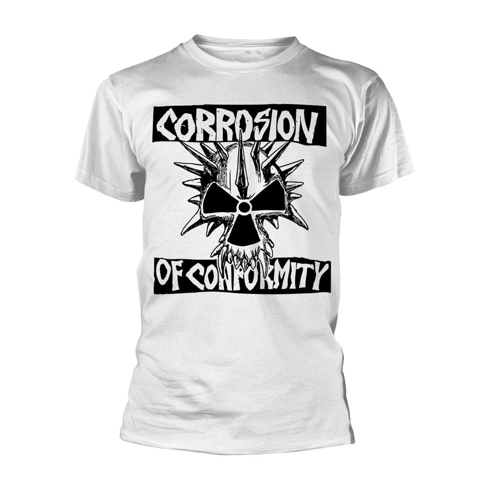 White t-shirt with black skull and text graphic on the chest.