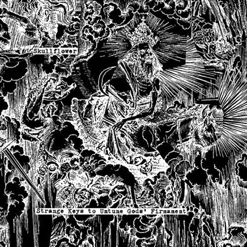 Black and white illustration of skeletal figures amidst swirling, chaotic lines.