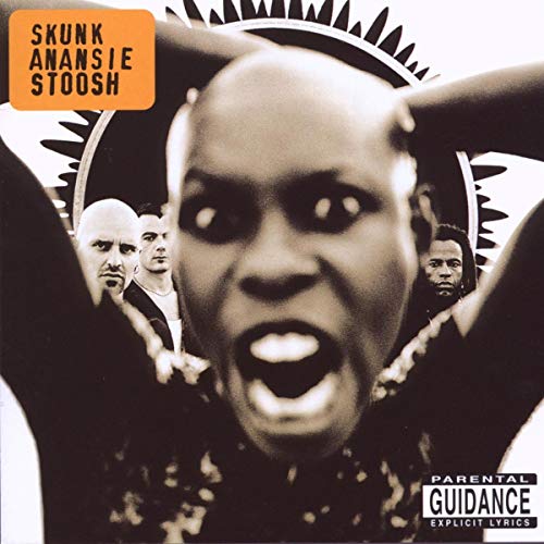 Skunk Anansie “Stoosh” CD cover: close-up of Skin singing, black and white.