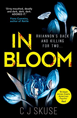 Book cover: “In Bloom” with blue tulips and red splatter effect.