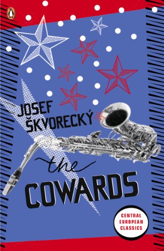 Book cover: “The Cowards” by Josef Škvorecký, featuring a saxophone and stars.