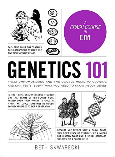 Book cover: "Genetics 101" with illustrations of DNA, cells, and scientists.