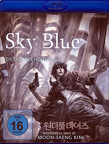 Sky Blue" Blu-ray cover featuring a man with guns in a futuristic setting.