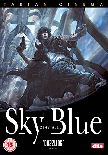 DVD cover for "Sky Blue" featuring a man with a gun in a futuristic setting.