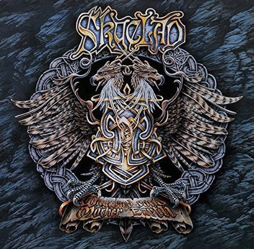 "CD cover art featuring a silver Celtic-style emblem with birds and a banner on a blue background."