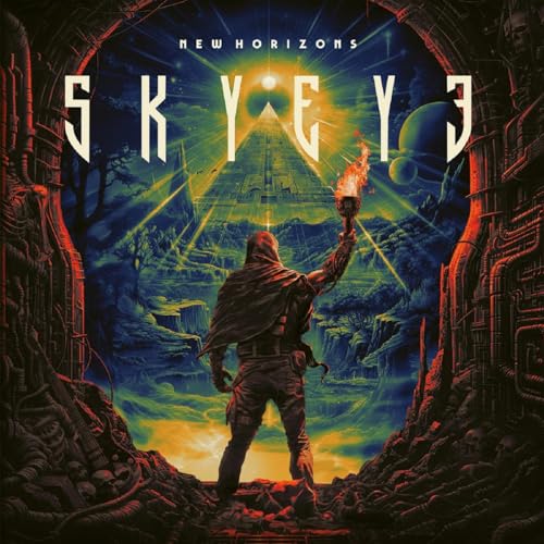 Sci-fi album cover featuring a hooded figure raising a torch in a landscape.