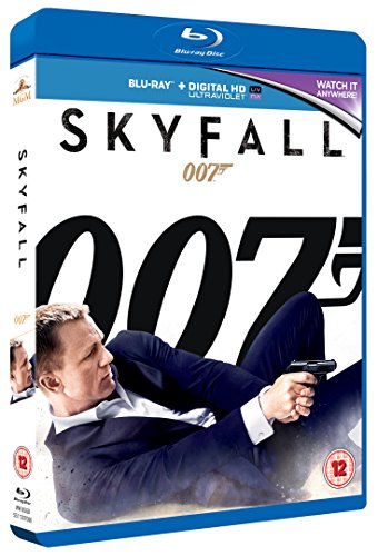 Skyfall Blu-ray case featuring James Bond in a suit holding a gun.