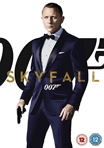 Daniel Craig as James Bond in a tuxedo holding a gun on Skyfall DVD cover.
