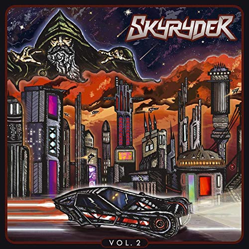 Skyryder Vol. 2 vinyl album cover: futuristic cityscape with a hooded figure.