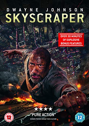 "Dwayne Johnson clinging to a building amidst fire and destruction on DVD cover."