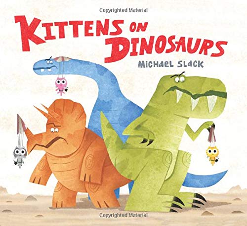Book cover: dinosaurs with kittens, illustrated in a playful style.