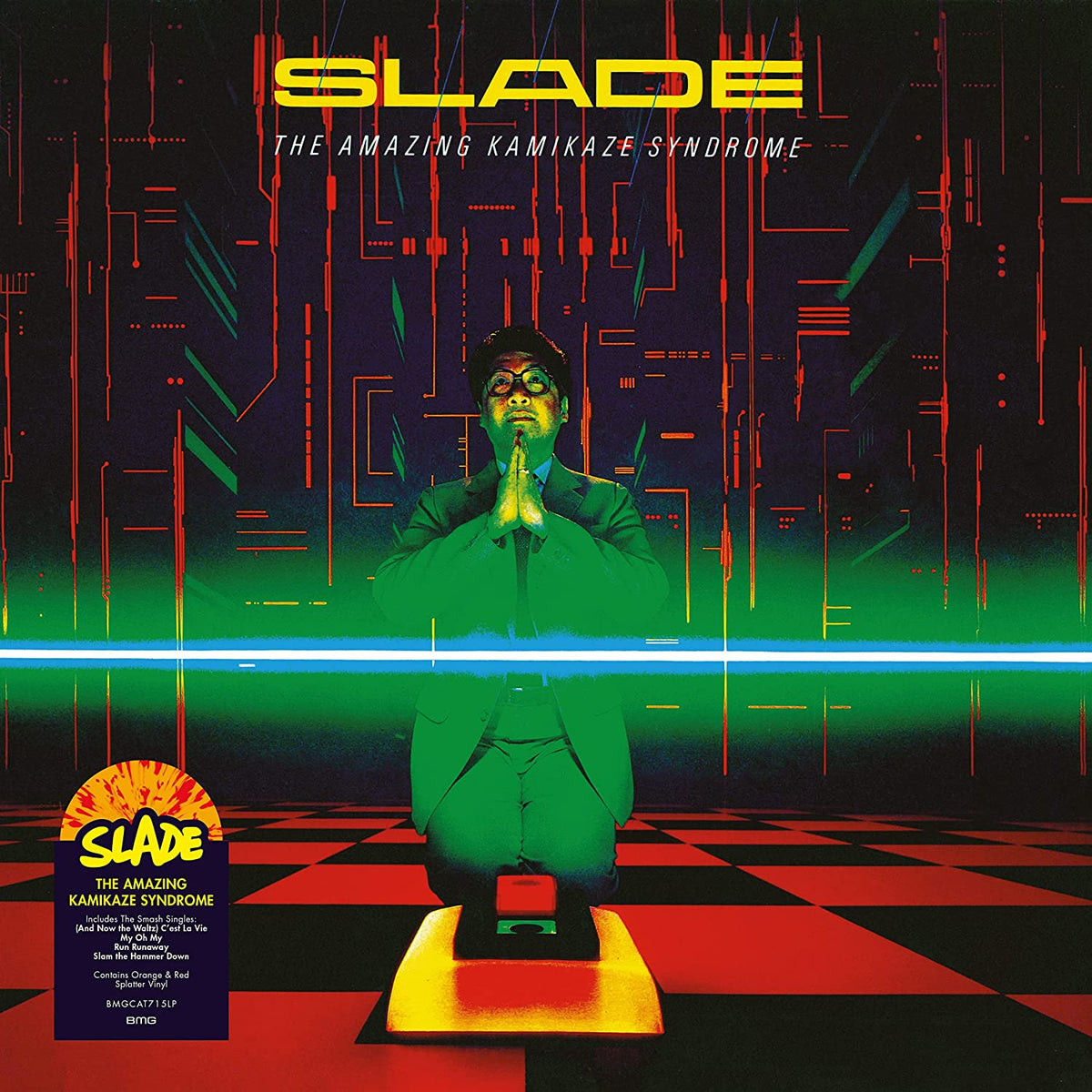 "Vinyl record cover with man in suit praying on a yellow platform."
