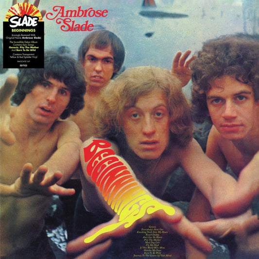 "Album cover of 'Slade Beginnings' featuring a band with four shirtless men."