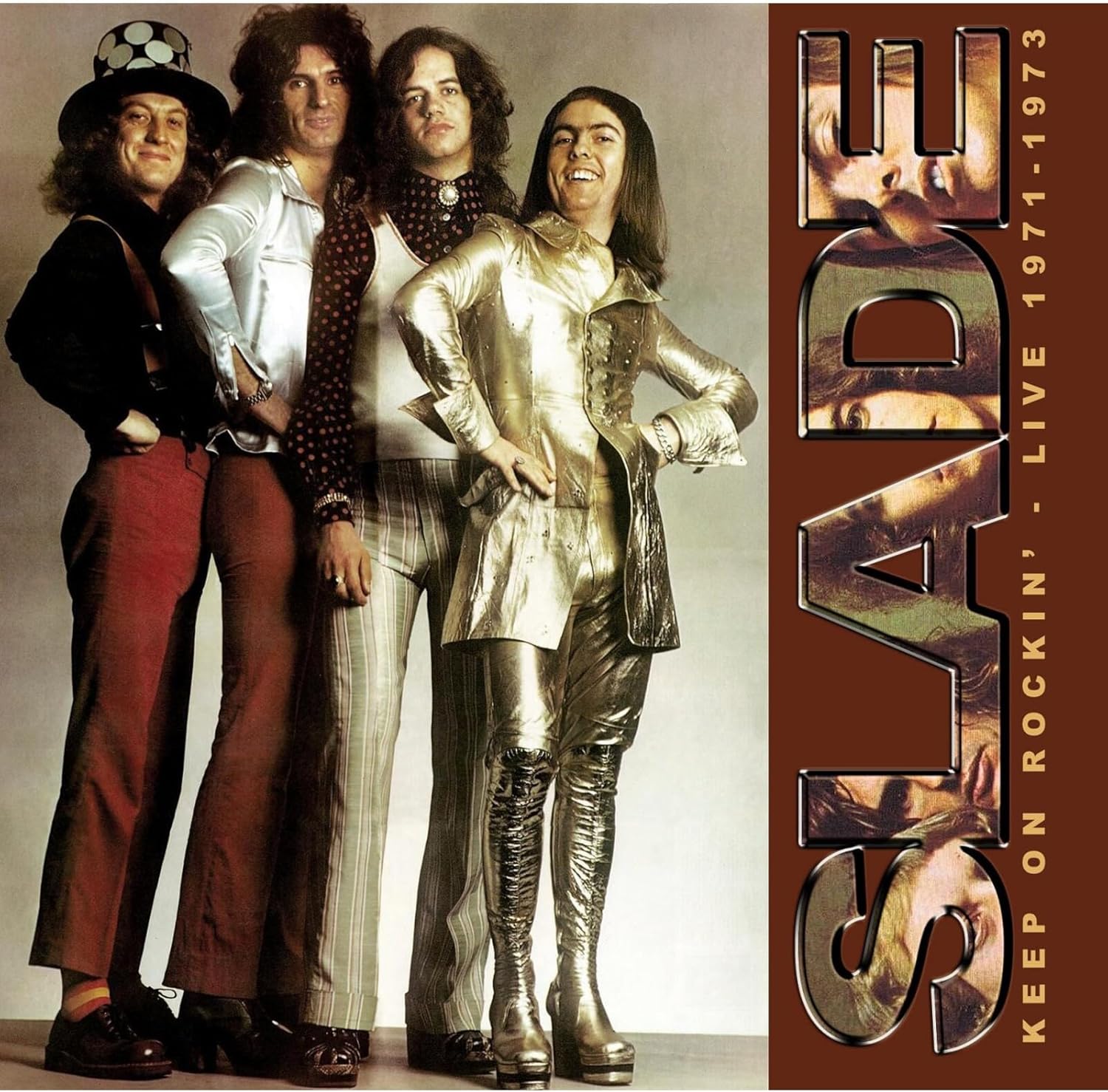 1970s glam rock band Slade album cover, four men posing.