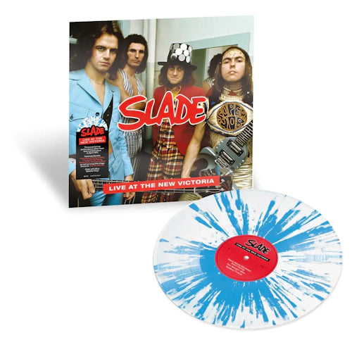 Slade Live at the New Victoria album cover and blue and white splatter vinyl.