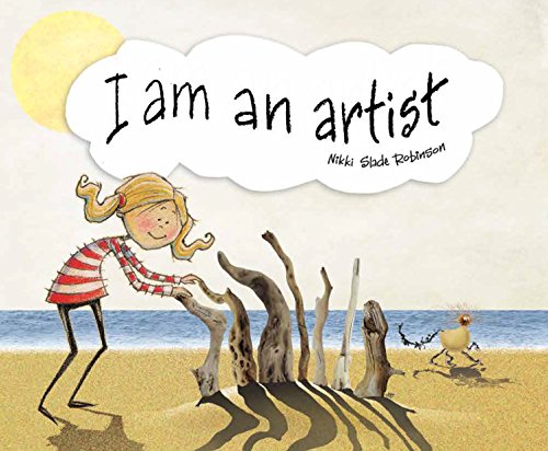 Girl arranging driftwood on a beach under a yellow sun.