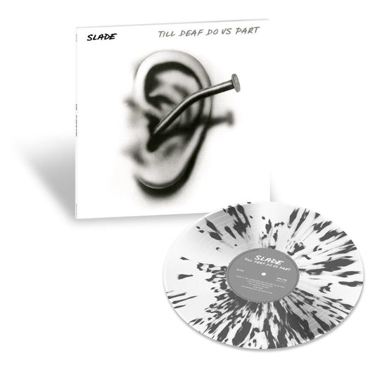 Slade album cover with an ear and nail, plus a speckled vinyl record.