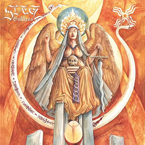 Painted album cover featuring a winged goddess seated on a throne.