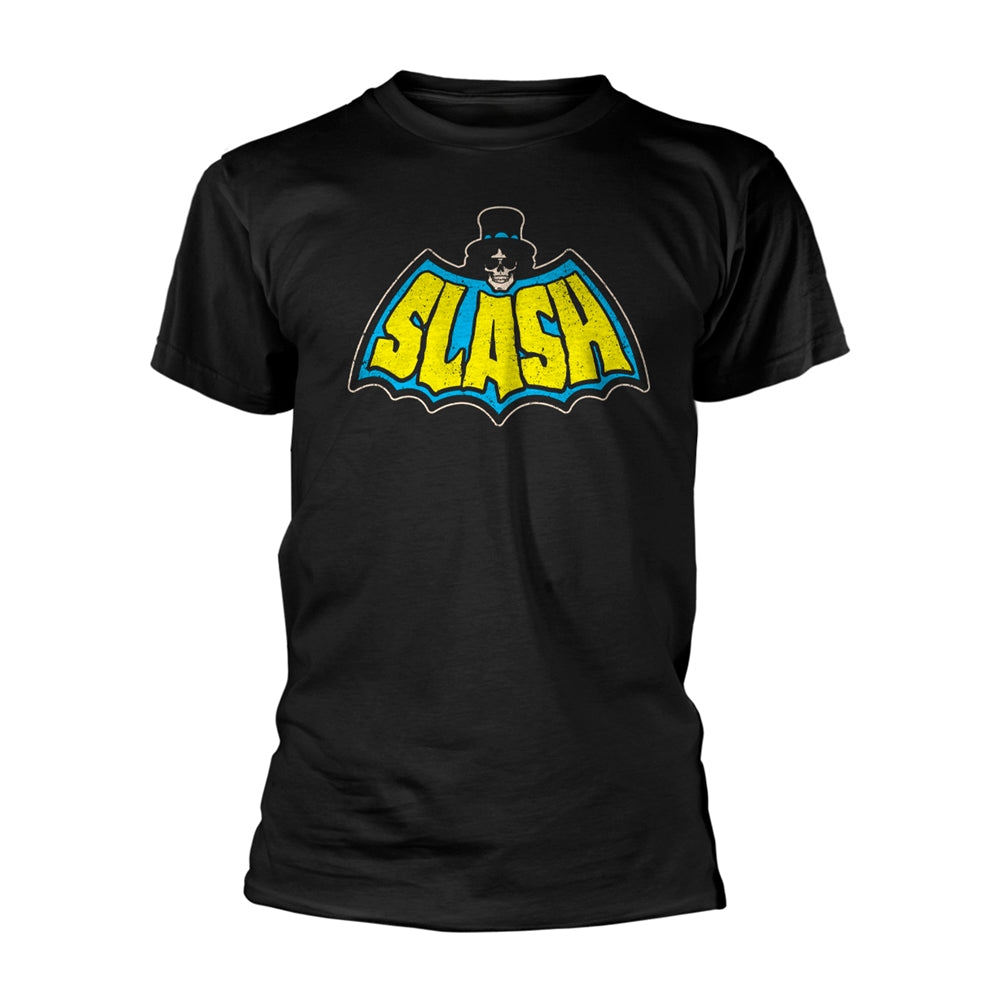 Black t-shirt with a yellow and blue graphic reading "SLASH" and a skull.
