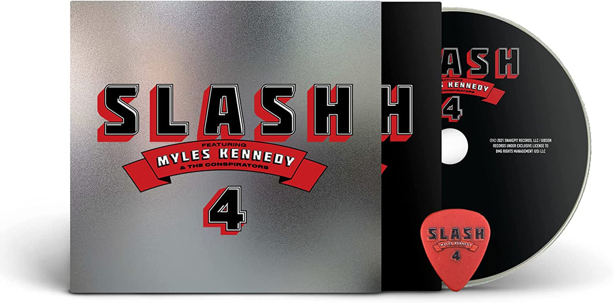 CD case with a silver cover and a black CD labeled "Slash" and "4".