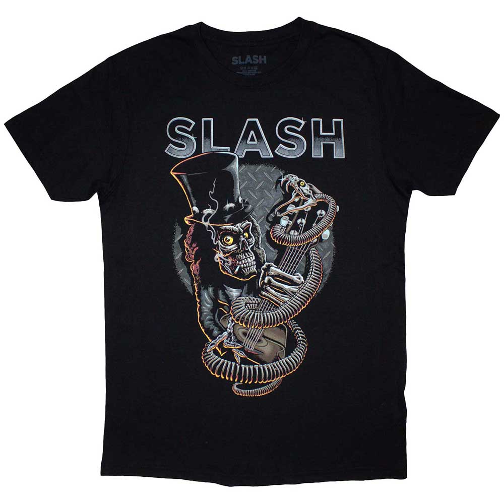 Black t-shirt with skull, guitar, and snake graphic design; unisex, size large.