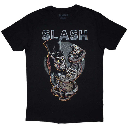 Black t-shirt with skull, guitar, and snake graphic design; unisex, size large.