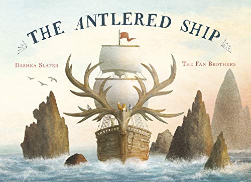 A wooden ship with large antlers on its bow sails between rocky sea islands.