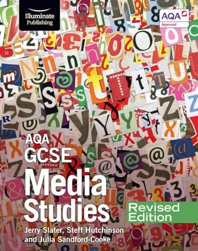 Textbook cover with collage of letters and “AQA GCSE Media Studies” title.