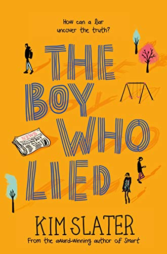 Book cover: "The Boy Who Lied" with illustrated figures and orange background.
