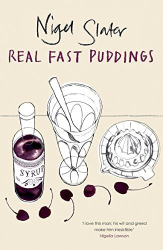 Book cover with sketched desserts, fruit, and handwritten title "Real Fast Puddings.